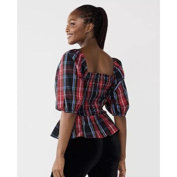 Draper James Tops - DRAPER JAMES Red Black Plaid Elbow Sleeve Smocked Peplum Top Cotton Size XXL